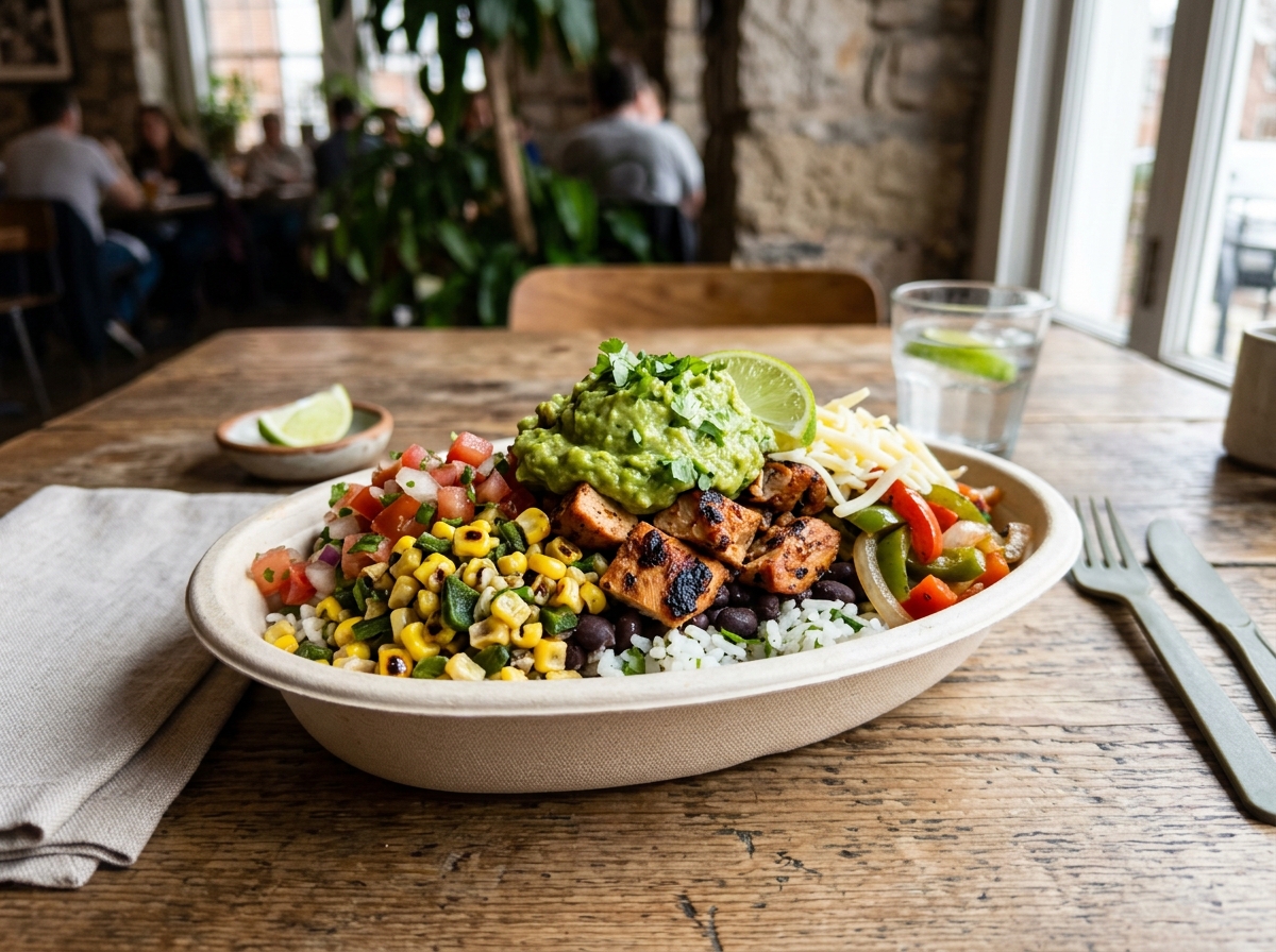 Realistic photo of a Chipotle burrito bowl with rice, beans, chicken and guac