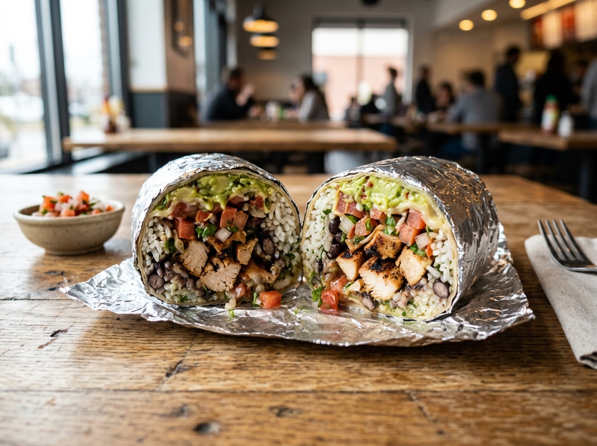 Realistic photo of a foil-wrapped Chipotle burrito cut in half