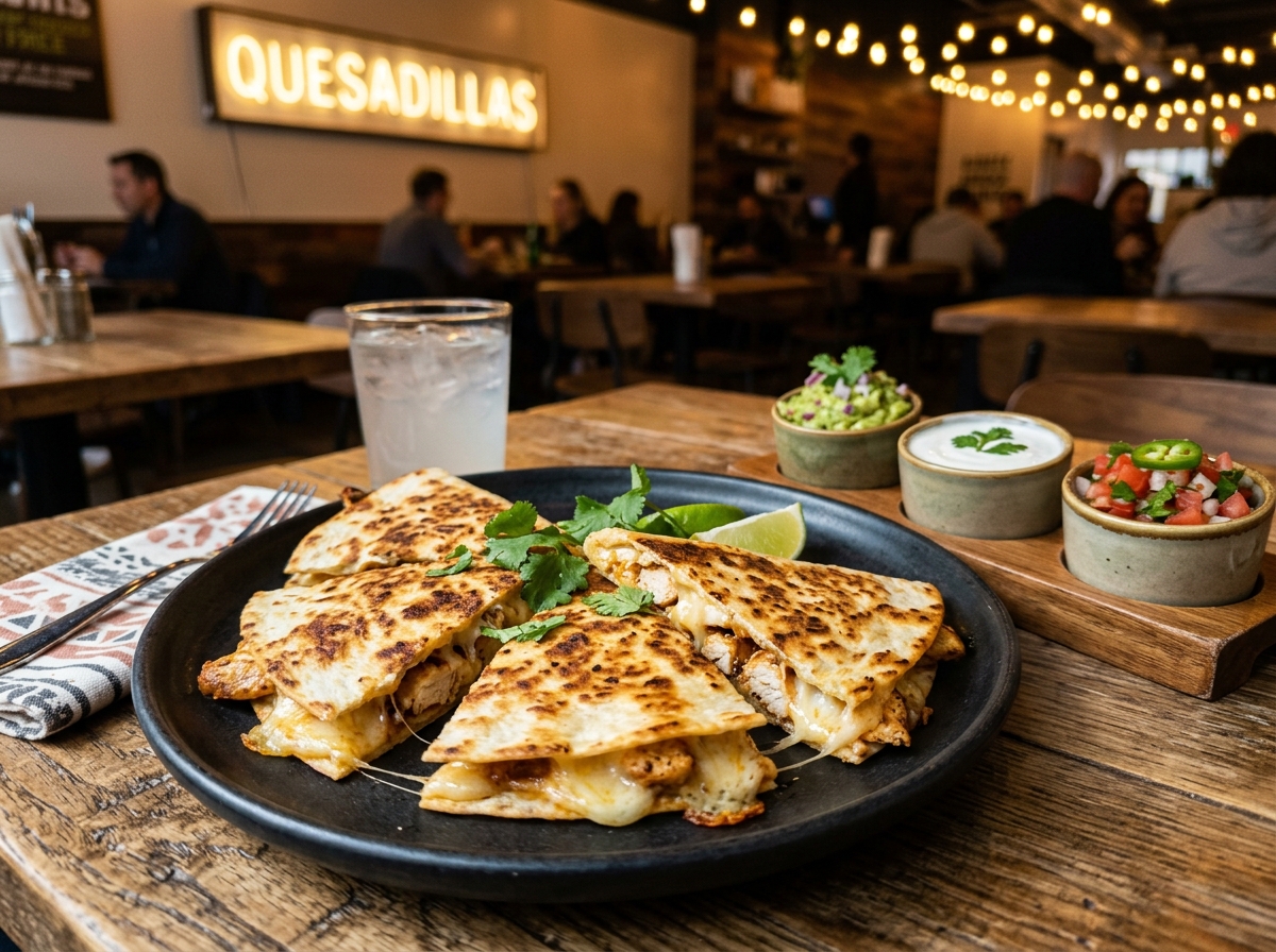 Realistic photo of a golden toasted cheese quesadilla with dipping sides