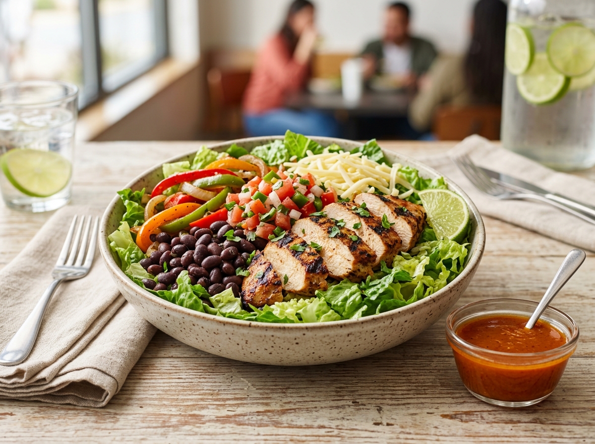 Realistic photo of a fresh Chipotle salad with chicken, beans, and vinaigrette