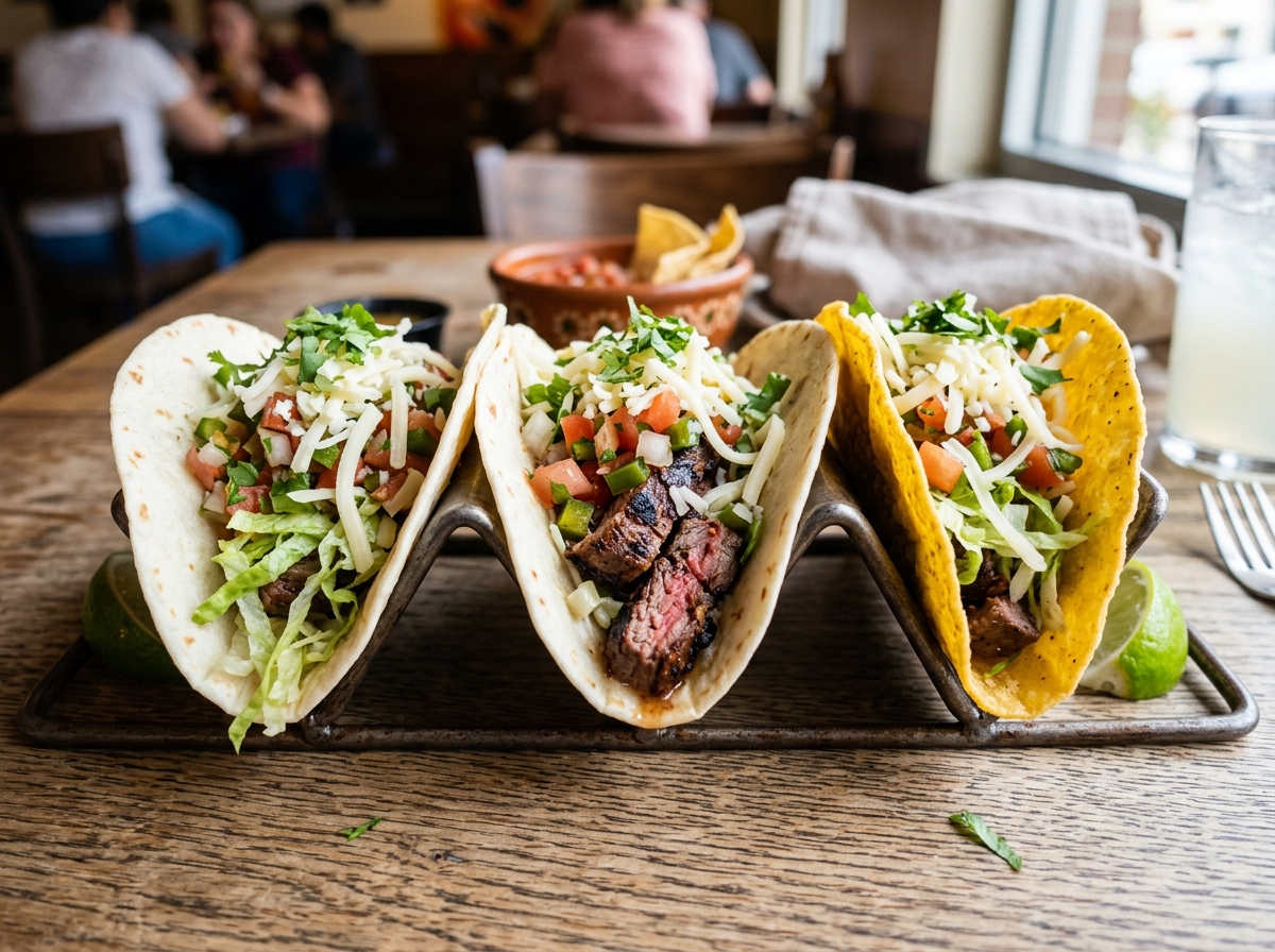 Realistic photo of three Chipotle tacos with steak, cheese, and salsa